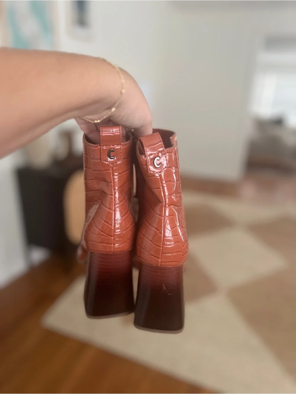 Women's Croc-Embossed Block Heel Ankle Boots - Rust